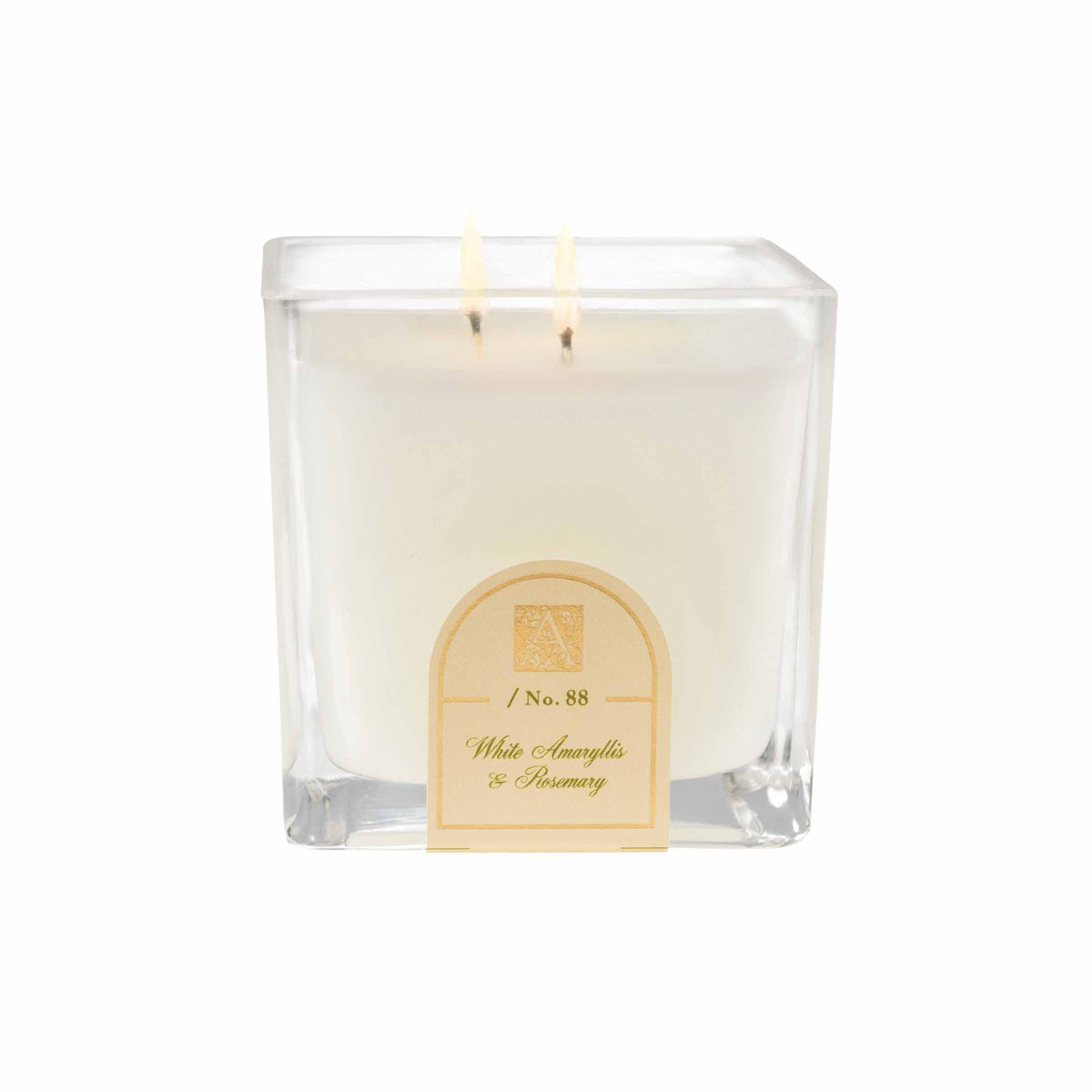Aromatique White Amaryllis & Rosemary cube glass candle, front view, creates calming ambient fragrance