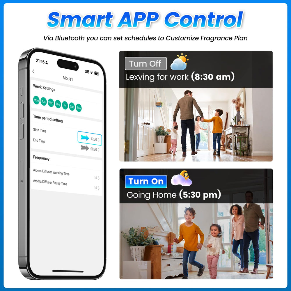 AROMAUKO diffuser app control display demonstrates smart scheduling.