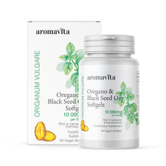 AROMAVITA oregano and black seed oil softgels bottle emphasizing organic formulation for daily wellness.