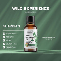 Greek mountains scene with oregano and bottle emphasizes origin and traceability.