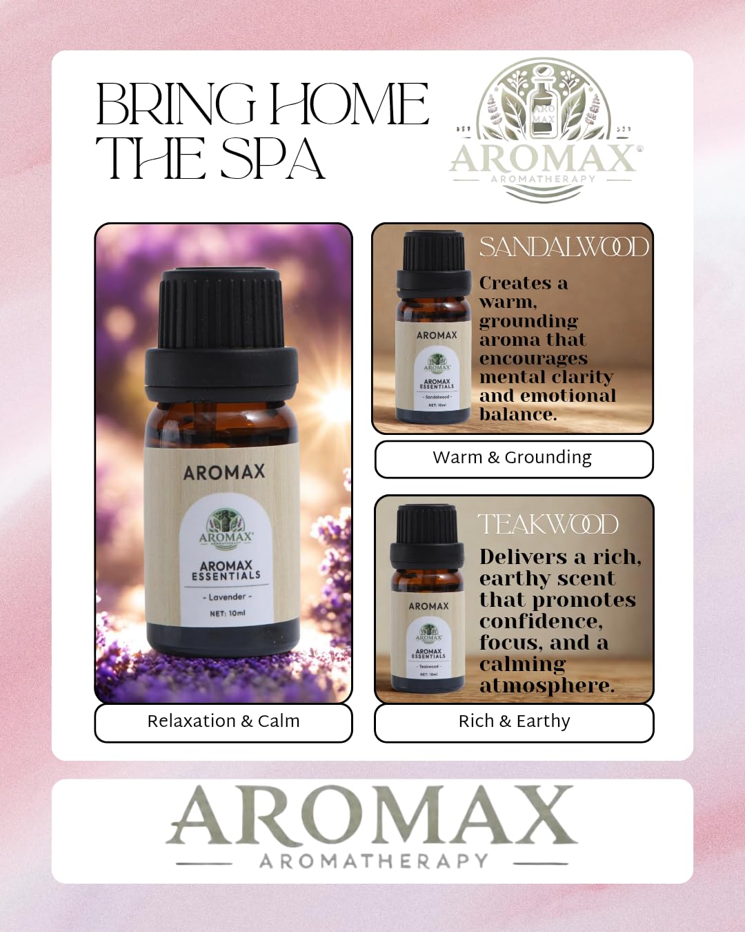 Aromax Sandalwood bottle offers soothing, mindful relaxation moments.