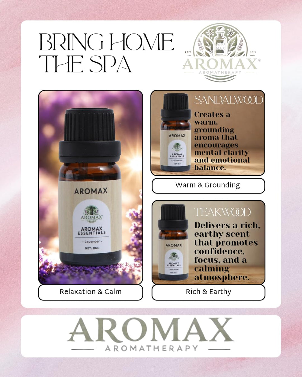 Aromax Sandalwood bottle offers soothing, mindful relaxation moments.