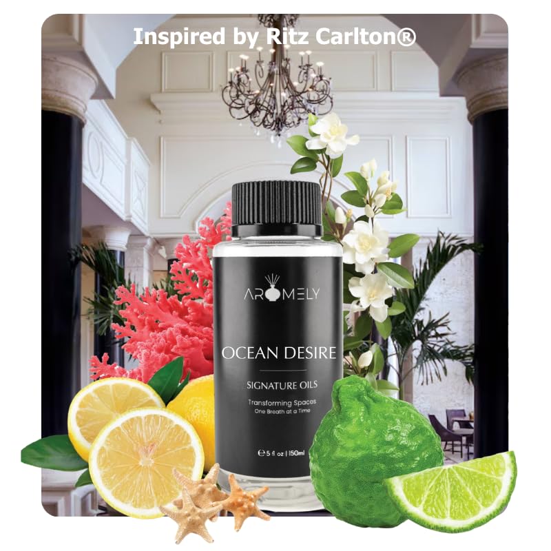 AROMELY Ocean Desire diffuser bottle close-up highlighting Bergamot and Jasmine