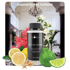 AROMELY Ocean Desire diffuser bottle close-up highlighting Bergamot and Jasmine