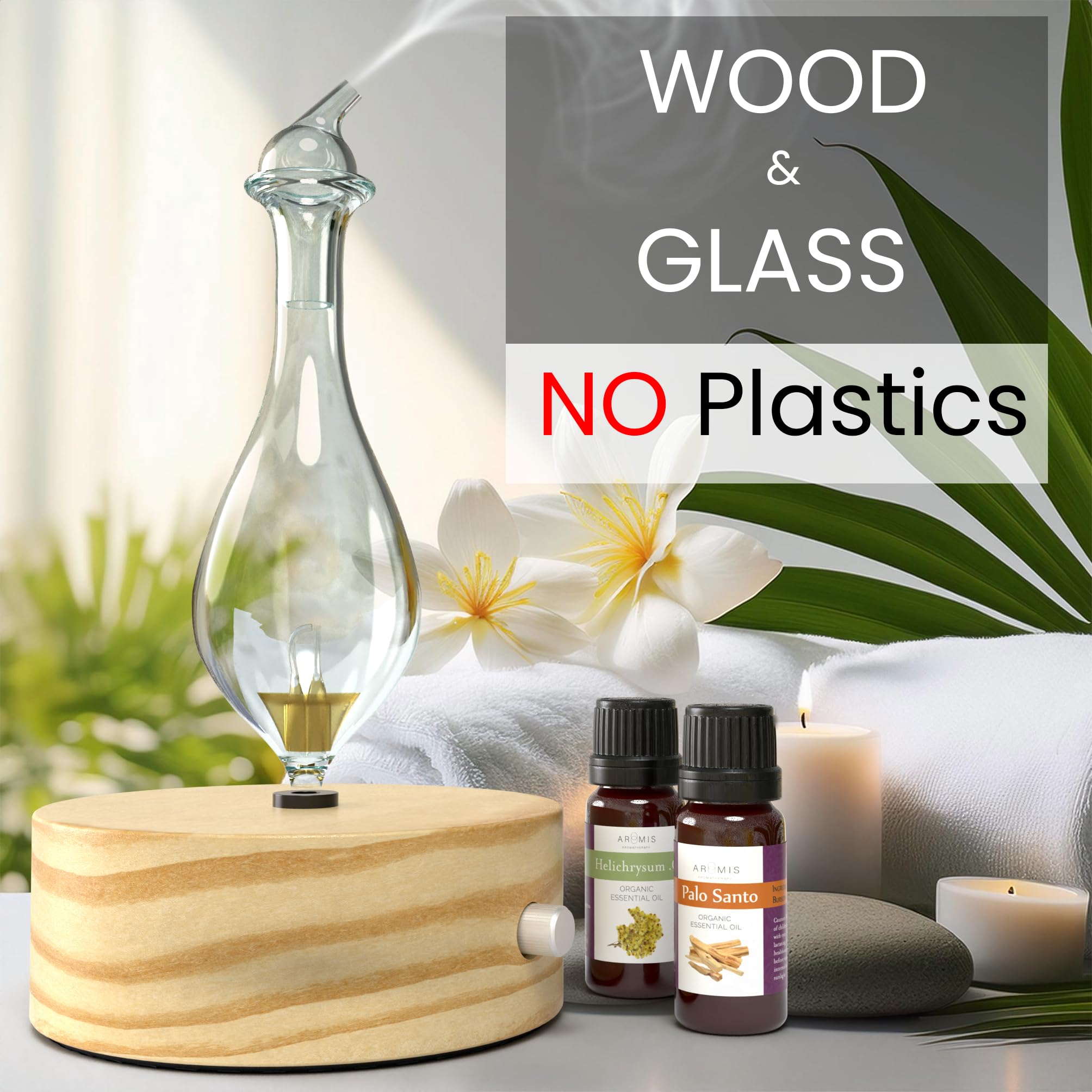 ArOmis glass diffuser on wooden base enhances natural oil integrity during use