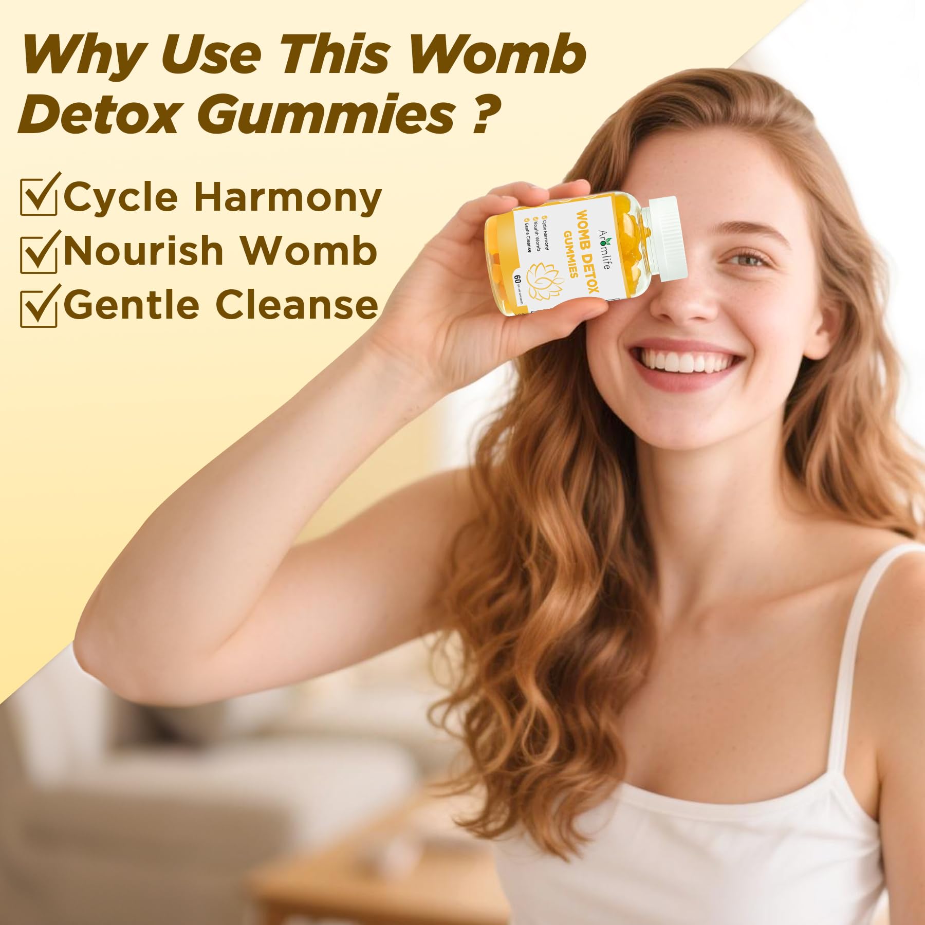 Aromlife Womb Detox Gummies with ginger extract for soothing balance and gentle cleansing.