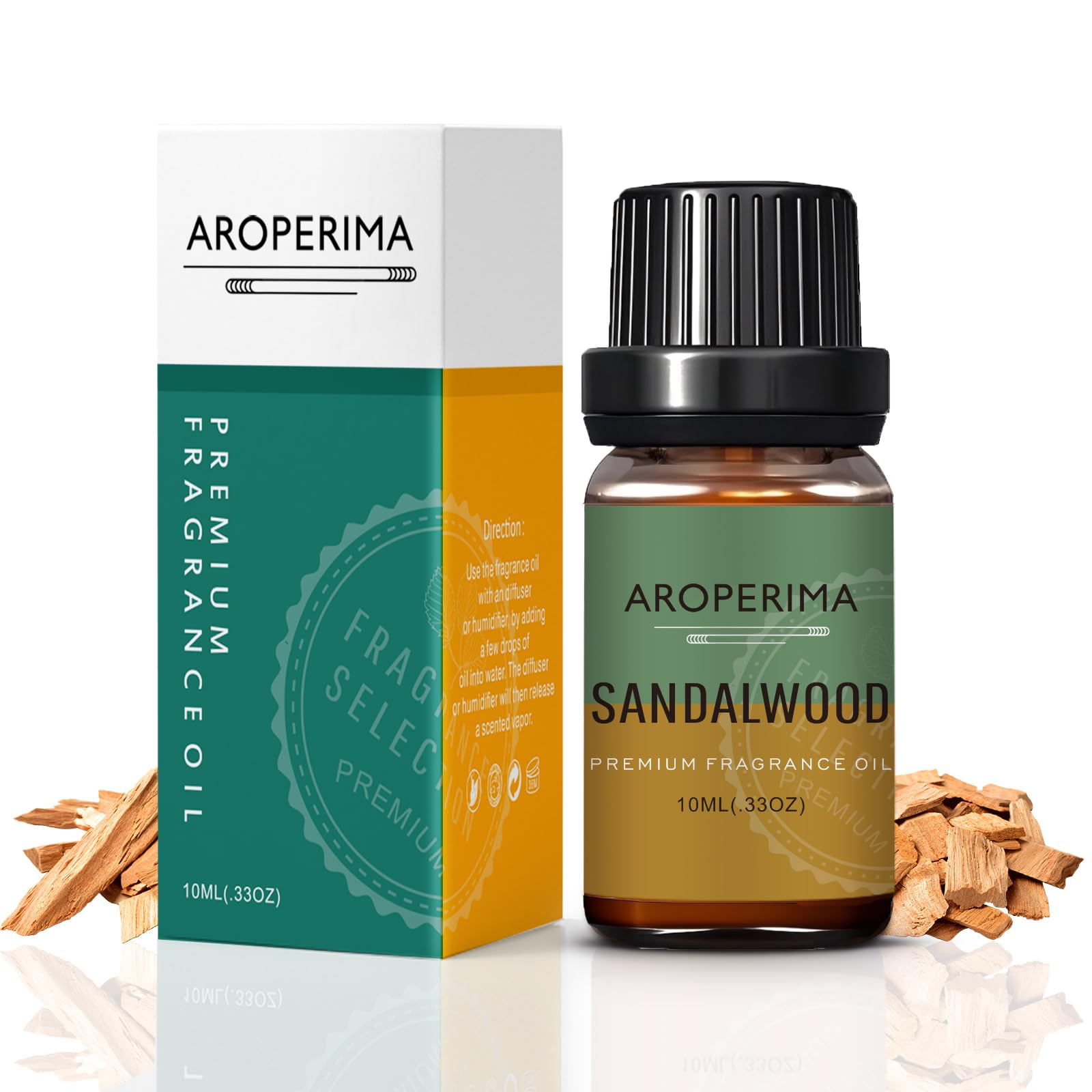 AROPERIMA Sandalwood fragrance oil in amber bottle for long-lasting aroma in diffusers.