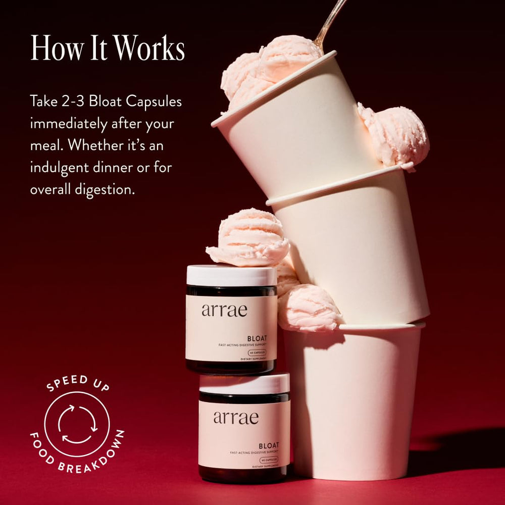 Arrae Bloat digestive enzymes capsules offer support after meals.