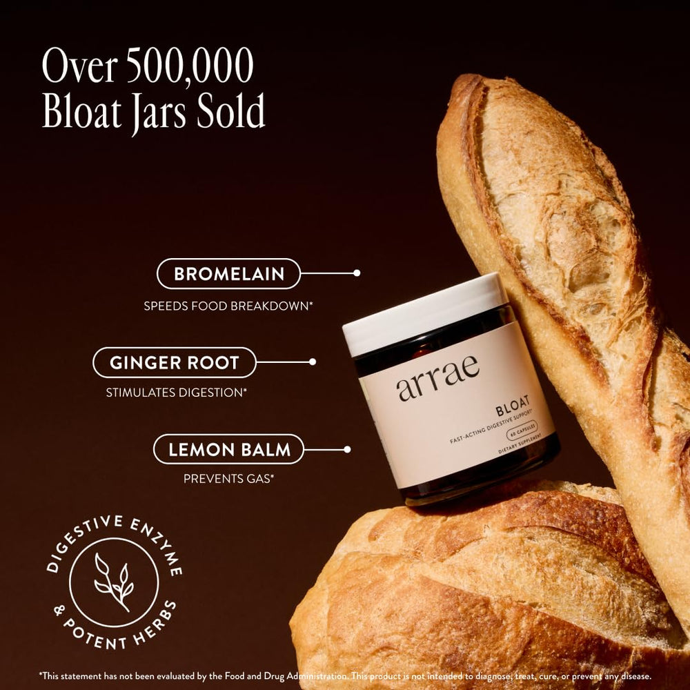 Arrae Bloat packaging visible, signaling all-natural digestive support.