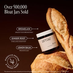 Arrae Bloat packaging visible, signaling all-natural digestive support.