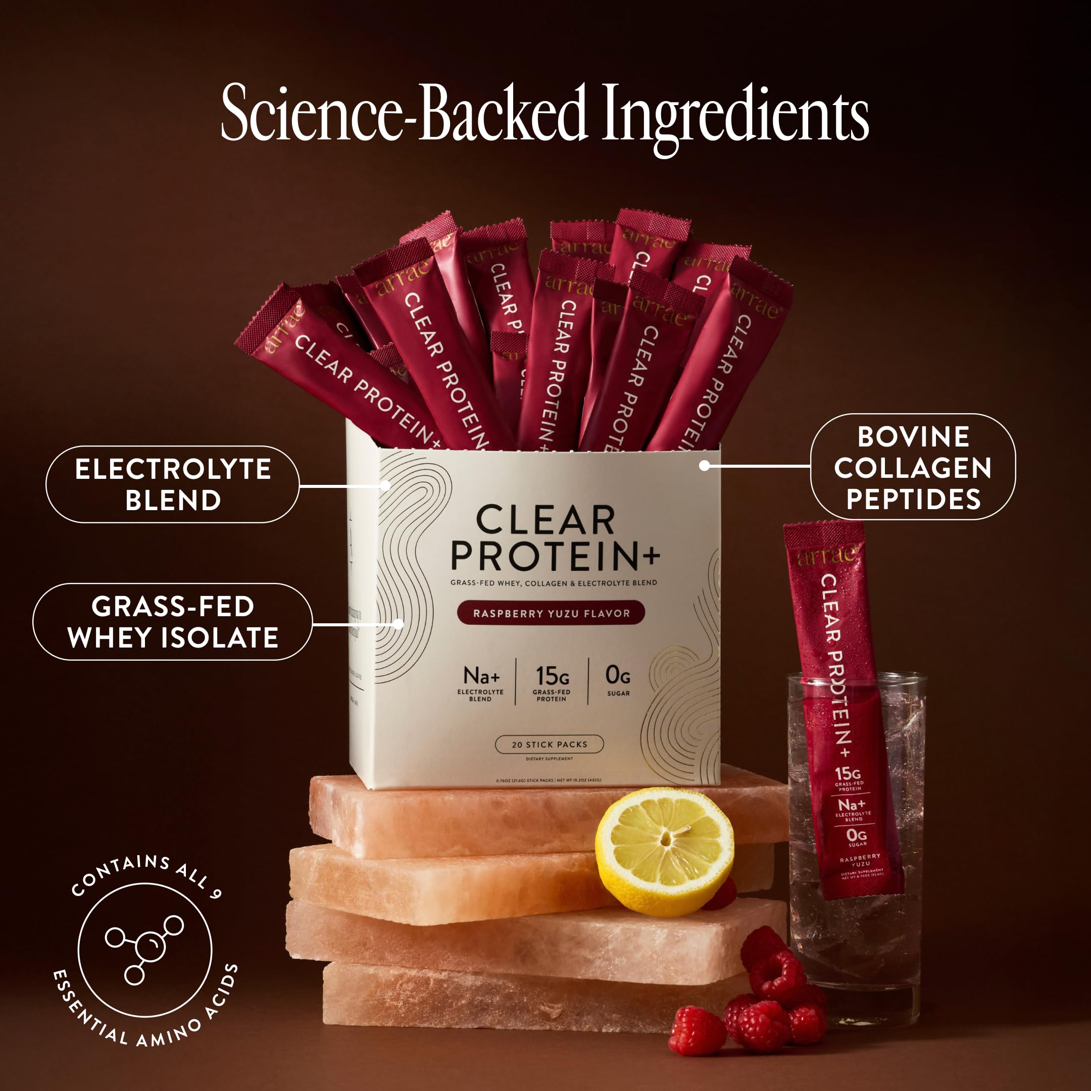 Arrae Clear Protein label close-up emphasizes 15g peptides and clean formula.