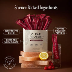Arrae Clear Protein label close-up emphasizes 15g peptides and clean formula.