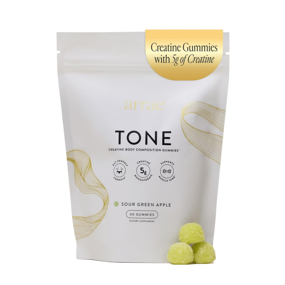 Arrae Tone Gummies bottle close-up showing 5g creatine for lean muscle support