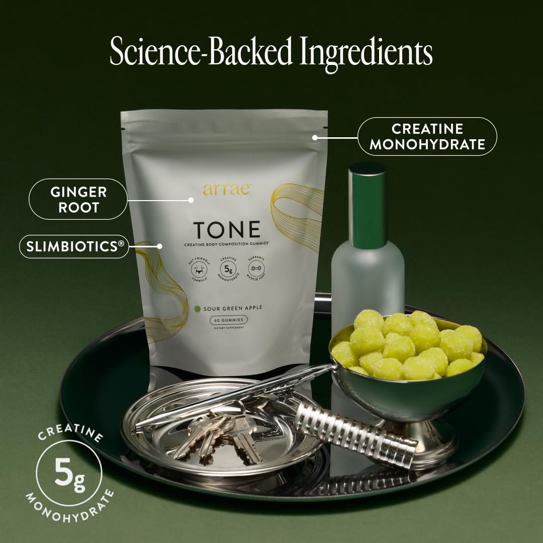 Arrae Tone Gummies label close-up emphasizes vegan and non-GMO ingredients