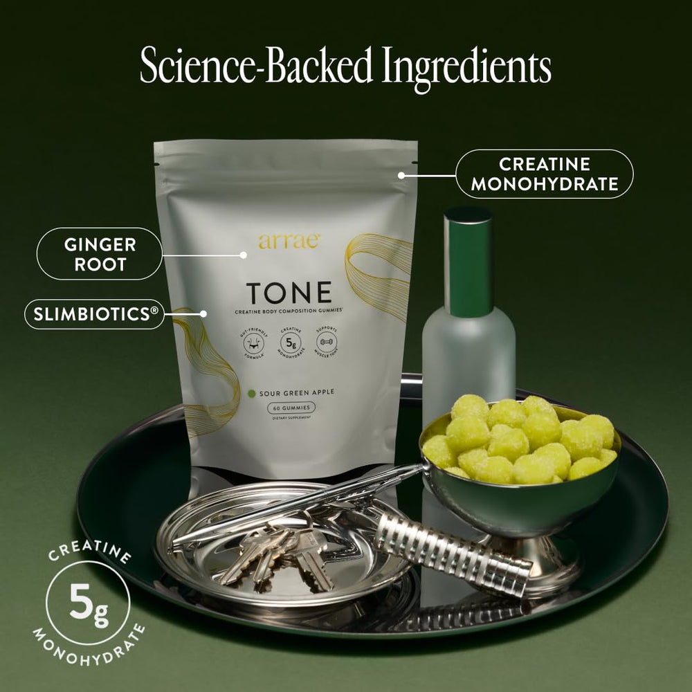 Arrae Tone Gummies label close-up emphasizes vegan and non-GMO ingredients