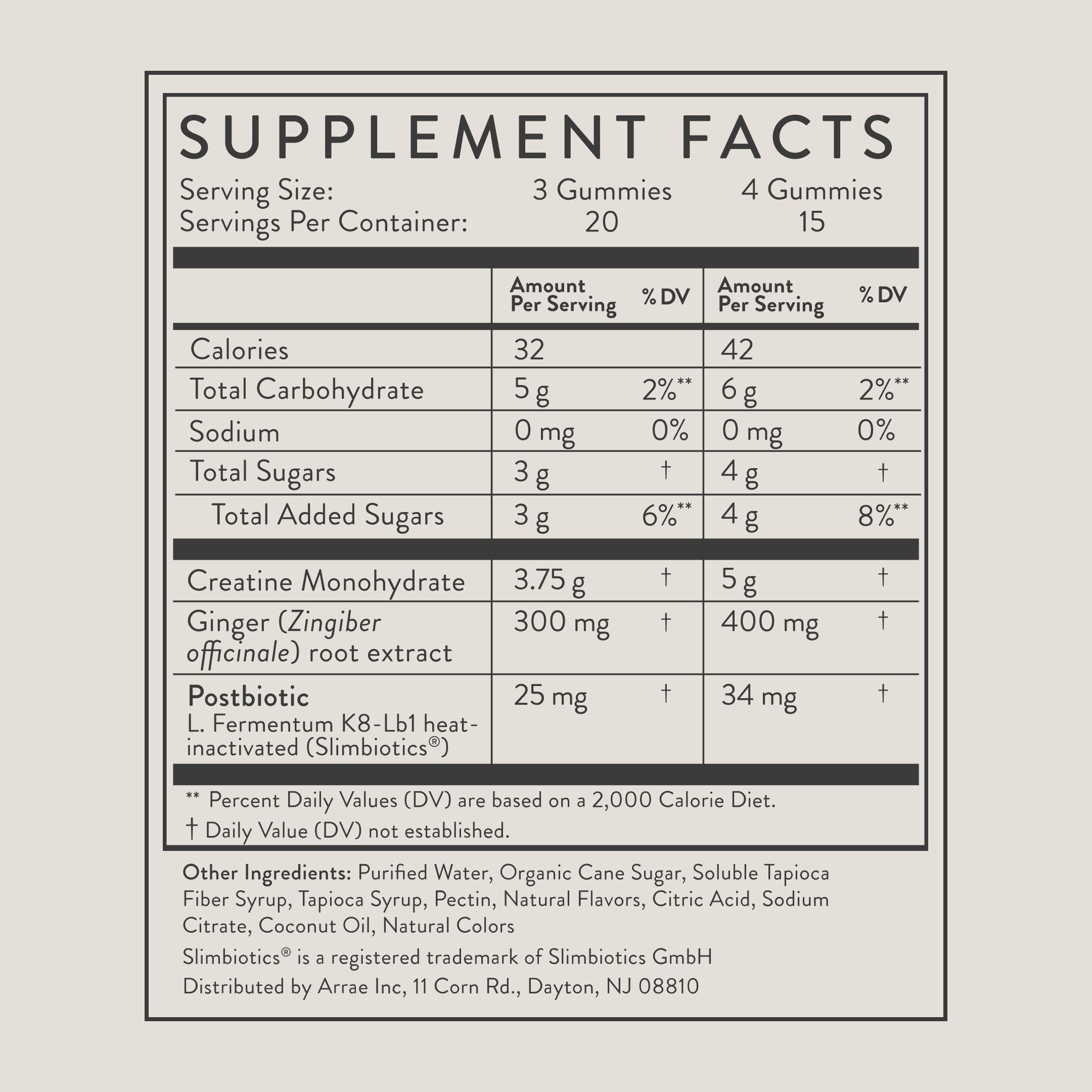 Arrae Tone Gummies label detail showing creatine 5g per serving