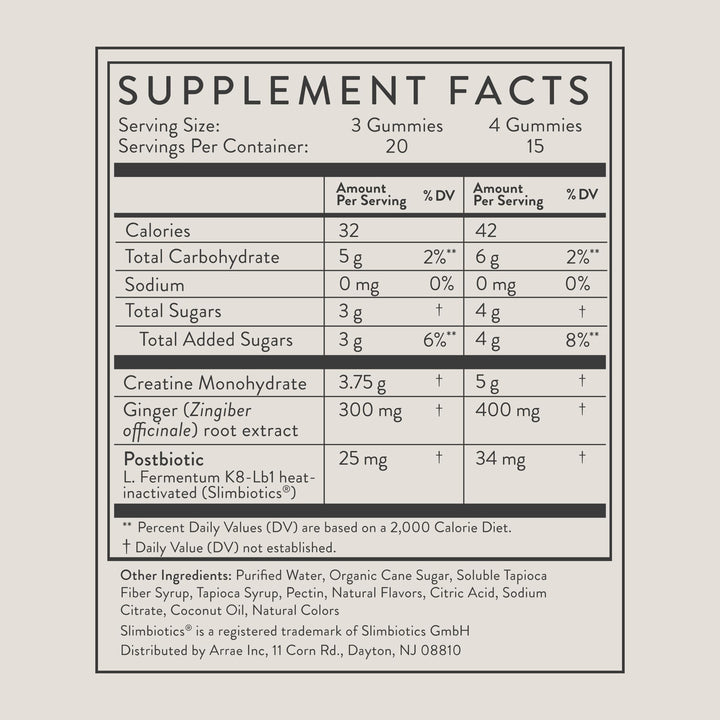 Arrae Tone Gummies label detail showing creatine 5g per serving