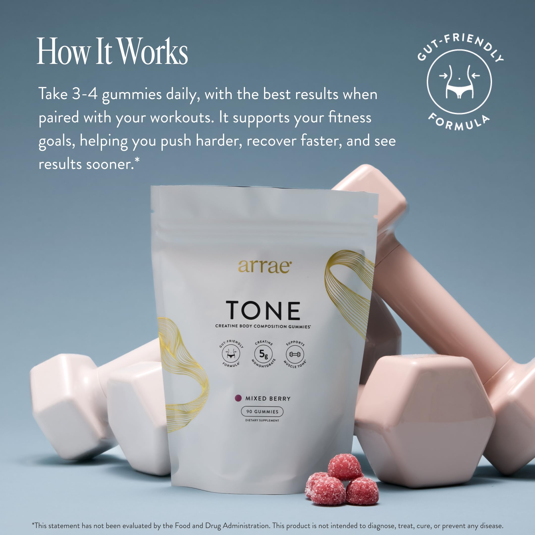 Close-up of Arrae Tone Gummies texture in mixed berry flavor for daily support