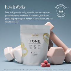 Close-up of Arrae Tone Gummies texture in mixed berry flavor for daily support