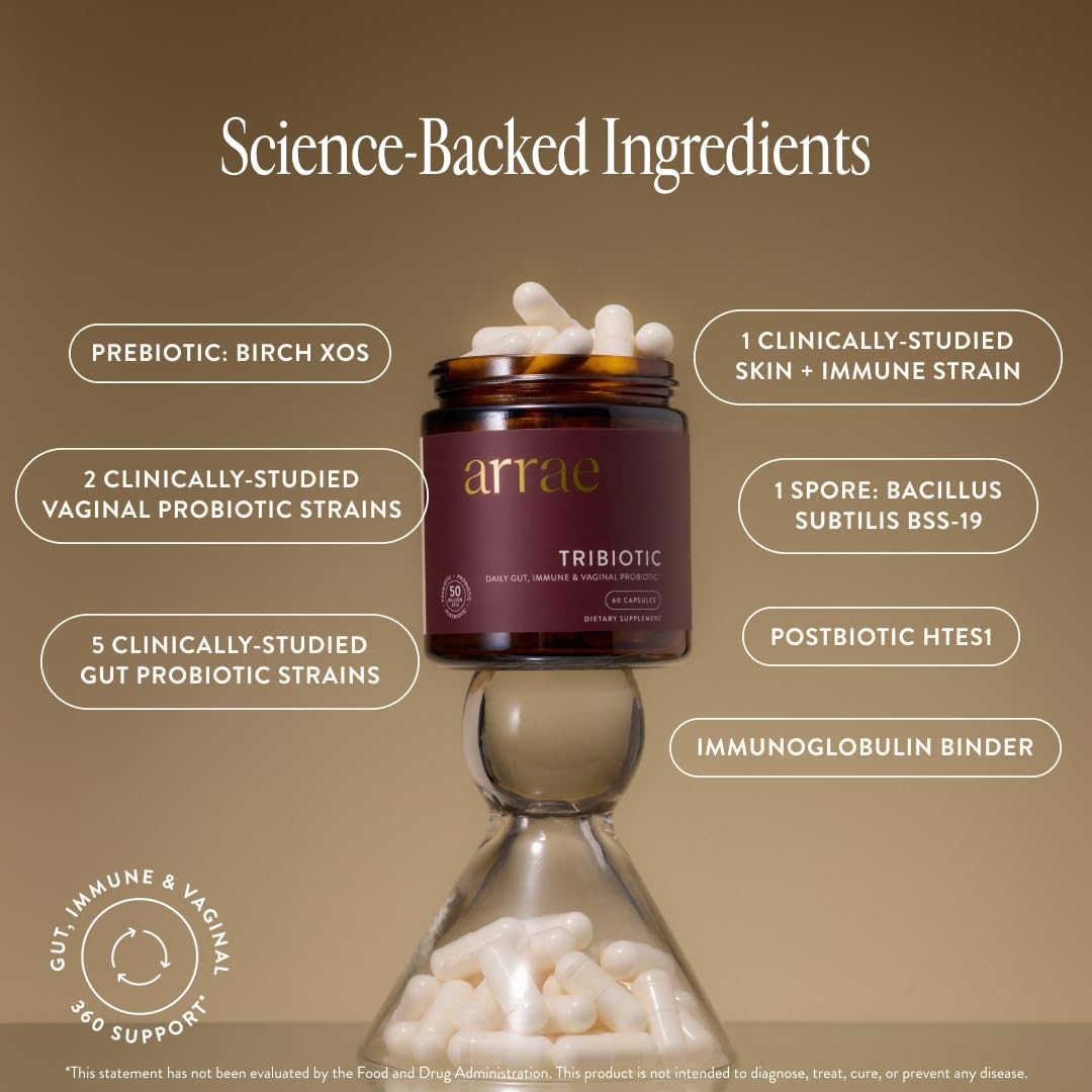 Arrae Tribiotic capsule near gut illustration highlighting eight strains for balanced digestion.