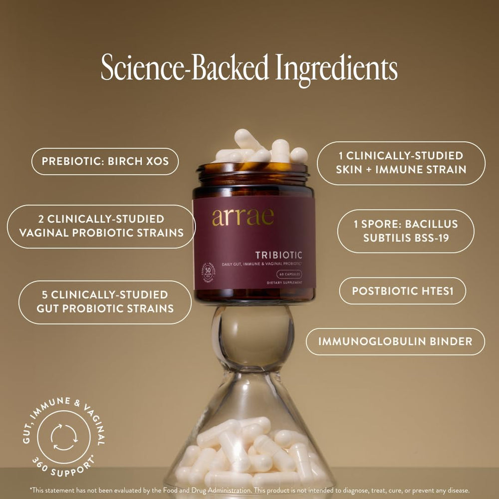 Arrae Tribiotic capsule near gut illustration highlighting eight strains for balanced digestion.