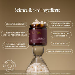 Arrae Tribiotic capsule near gut illustration highlighting eight strains for balanced digestion.
