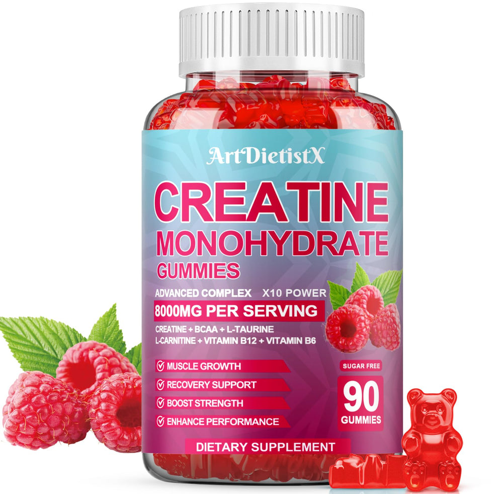 ArtDietistX Creatine Gummies Raspberry label with multi-nutrient blend for workouts