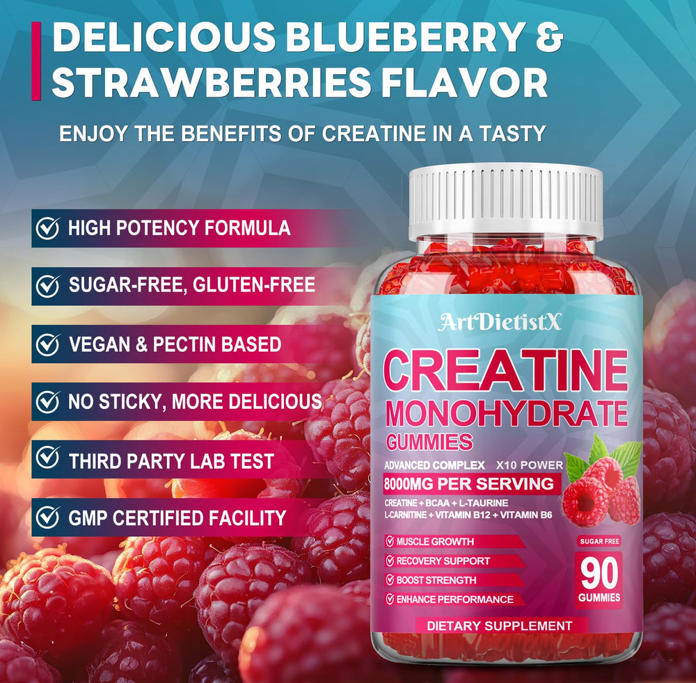 Serving trio of ArtDietistX creatine gummies ideal for on-the-go training