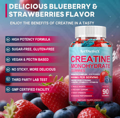 ArtDietistX Creatine Monohydrate Gummies blueberry flavor close-up for vegan energy boost.
