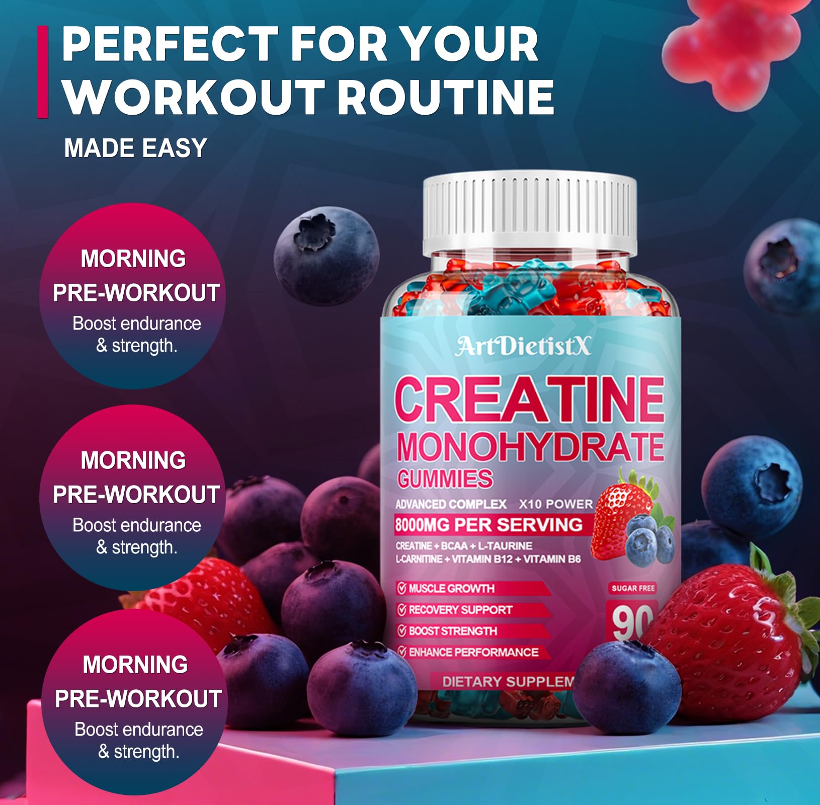ArtDietistX Creatine Monohydrate Gummies user taking gummy during gym session for on-the-go energy.