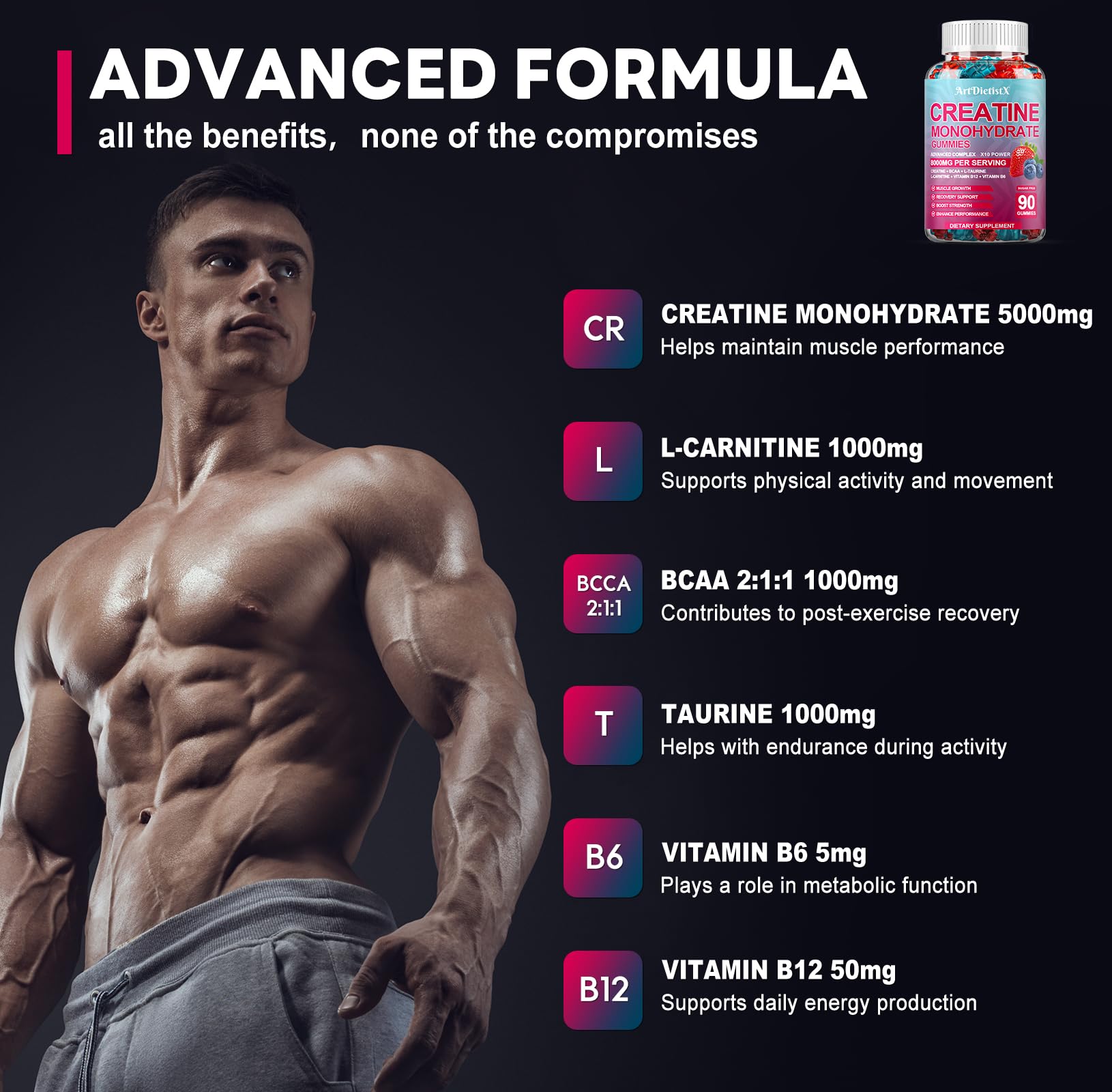 ArtDietistX Creatine Monohydrate Gummies shot of gummies in serving tray for easy dosage.