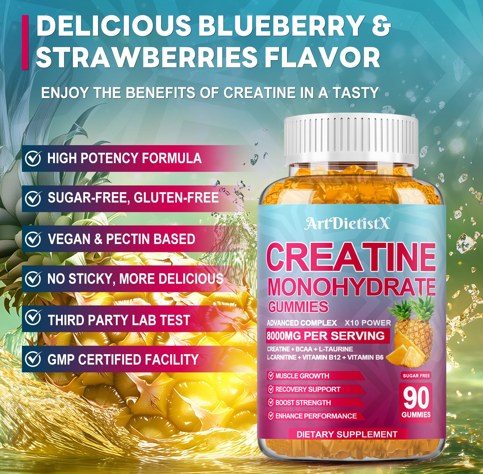 ArtDietistX gummies in strawberry flavor for tasty muscle recovery aid.