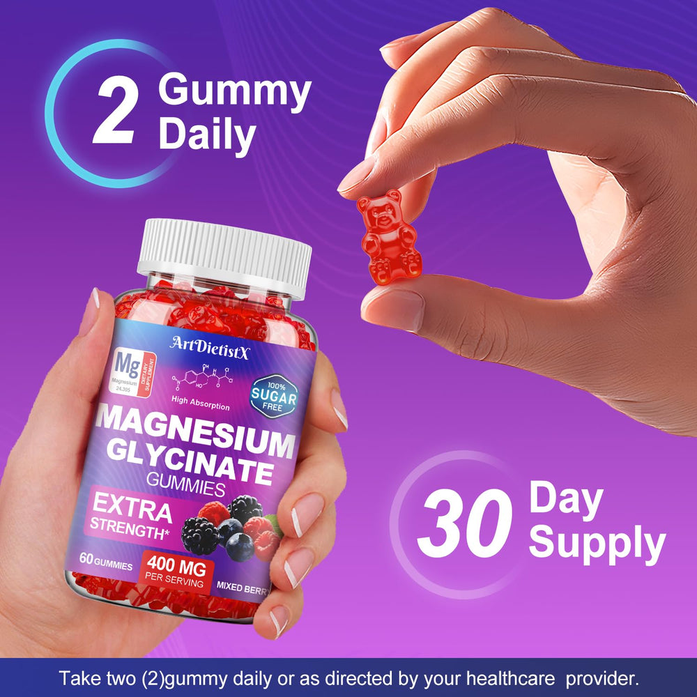 ArtDietistX Magnesium Glycinate Gummies on shelf suggest convenient nightly routine.