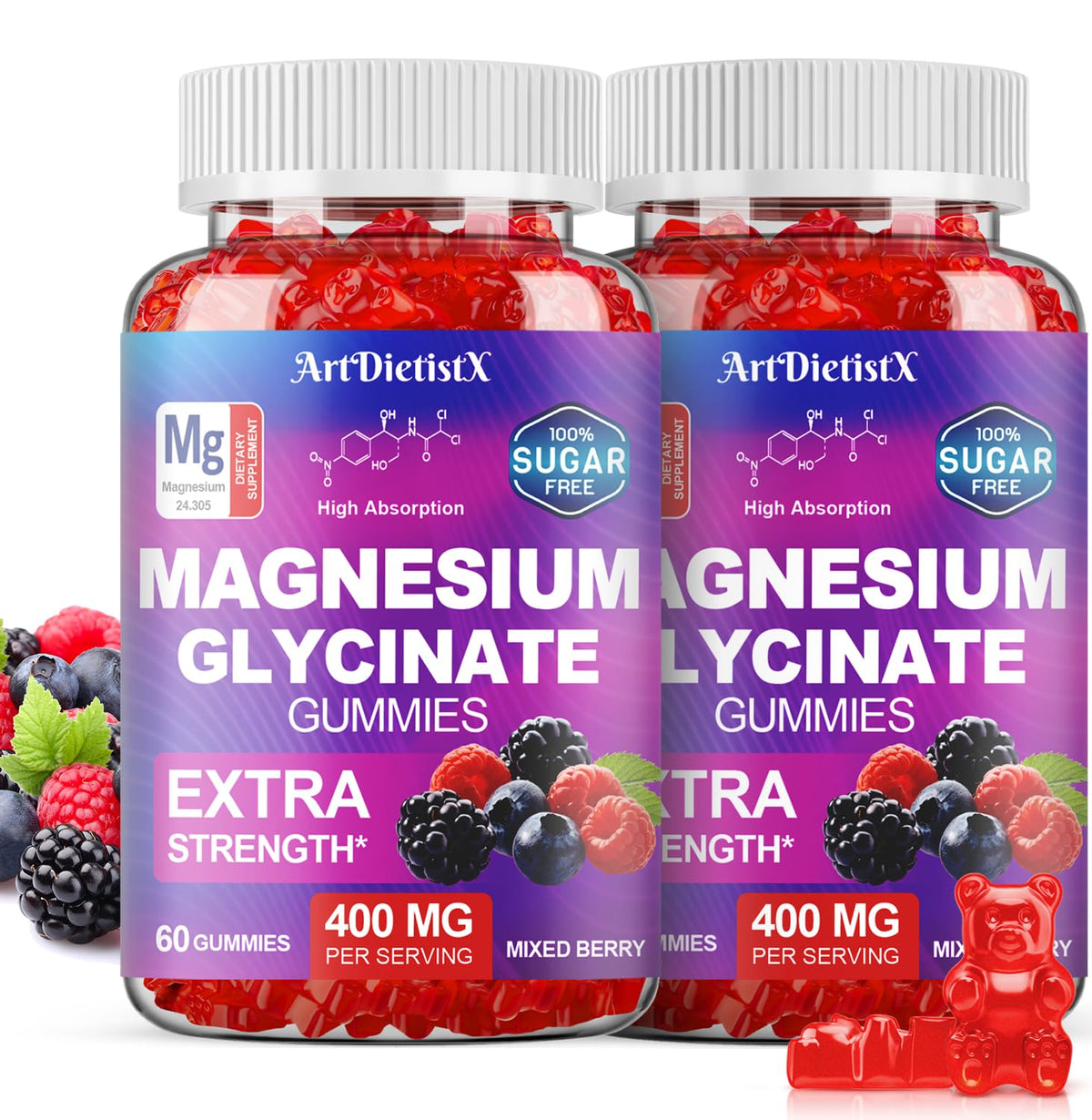 ArtDietistX Magnesium Glycinate Gummies raspberry bottle for daily relaxation.
