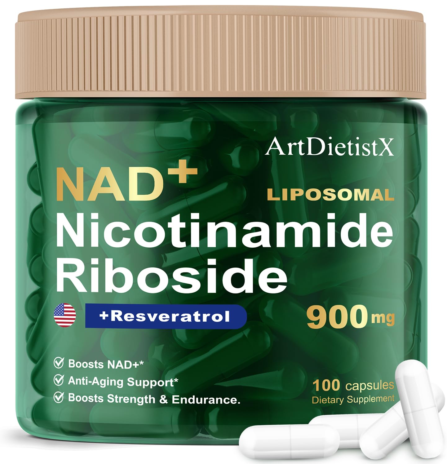 ArtDietistX NAD+ NMN bottle highlights the 900mg formula for daily energy support.