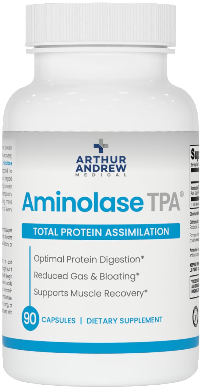 Arthur Andrew Medical Aminolase TPA bottle and capsules support protein absorption.