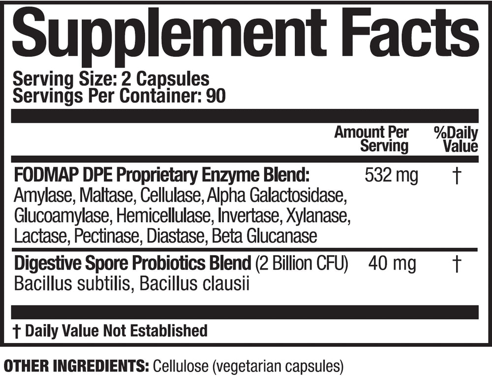 Arthur Andrew Medical FODMAP DPE capsules close-up showcases vegan, non-GMO digestive support.