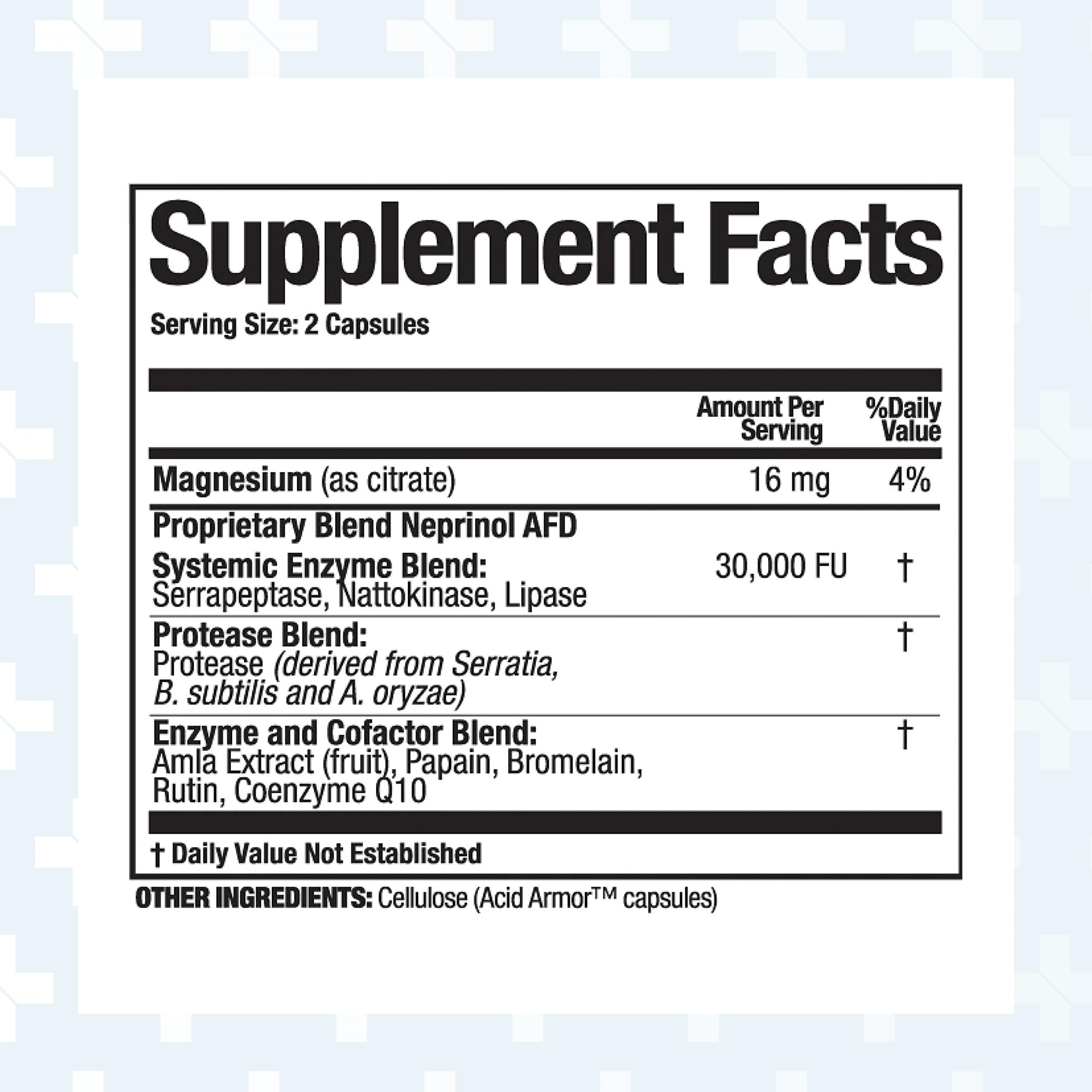 Neprinol AFD serving visuals emphasize convenient two-to-three daily doses with water.