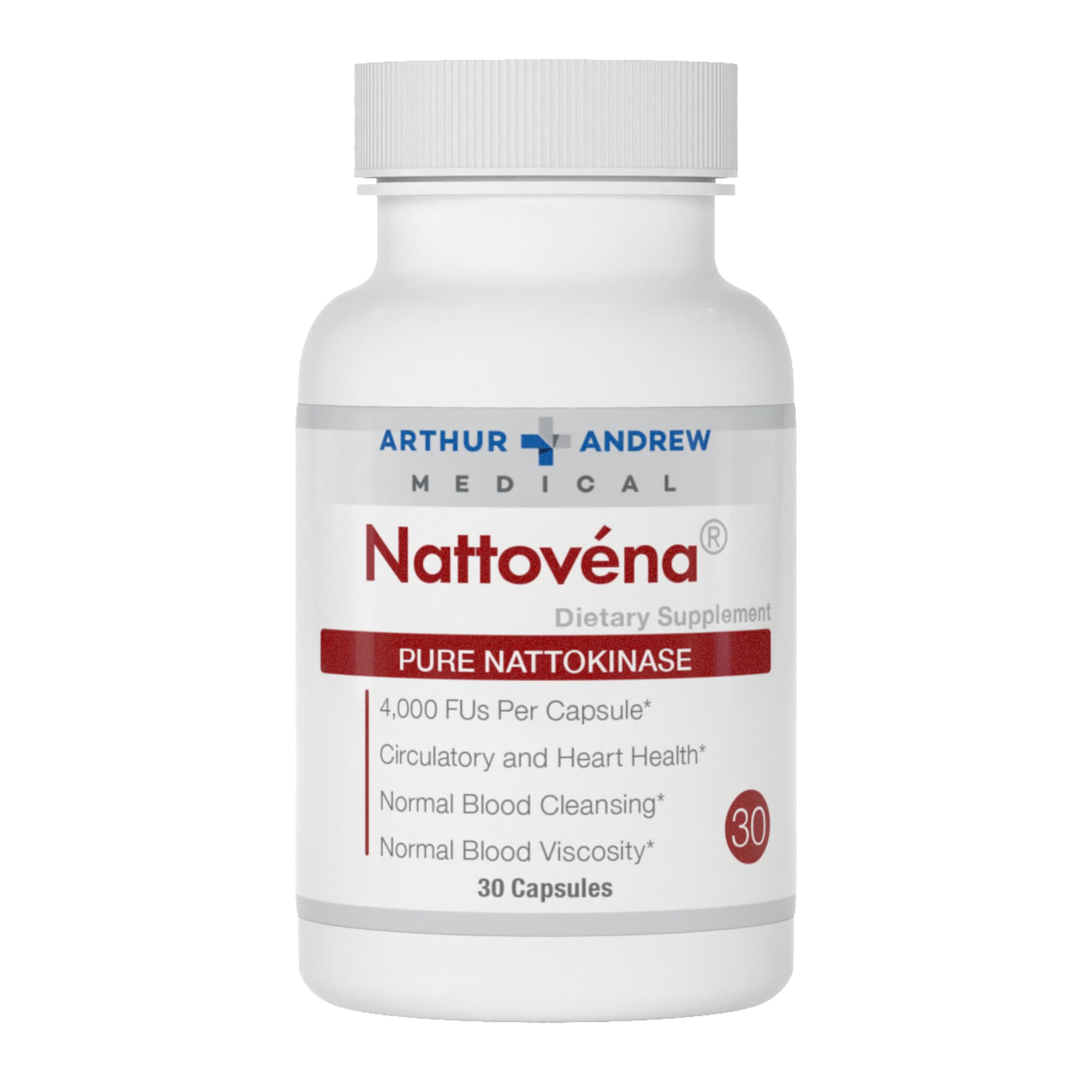 Arthur Andrew Medical Nattovena bottle cap showing compact nattokinase for daily circulation support.
