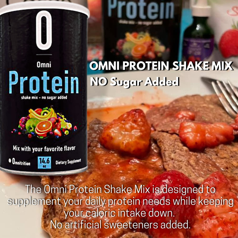 Omni Protein Shake Mix on kitchen counter, ready to mix into daily routines.