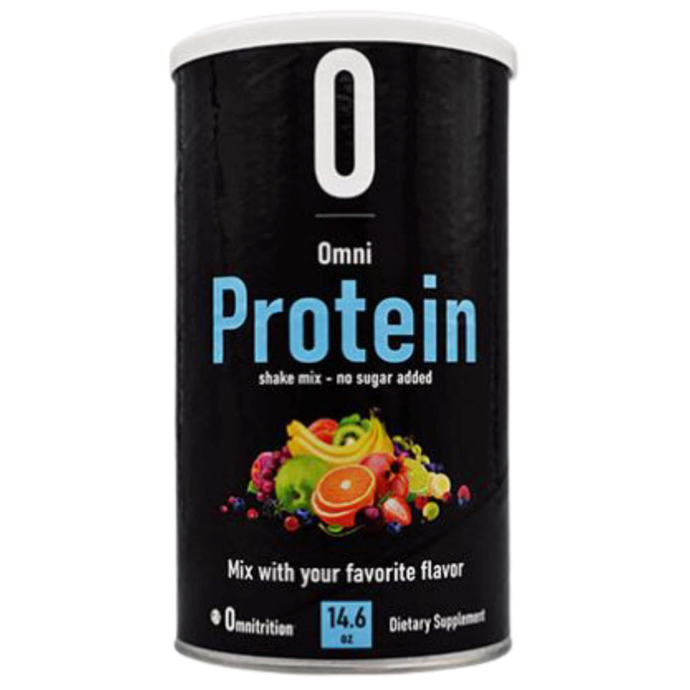 Stacked Omni Protein Shake Mix containers for organized pantry storage.