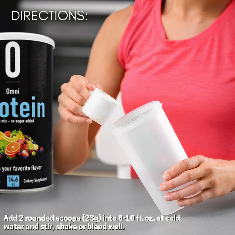 Prepared unflavored Omni Protein Shake Mix in glass, versatile for meals and snacks.