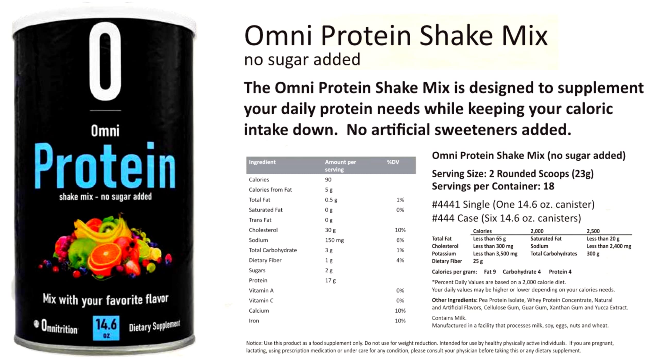 Close-up of Omni Protein Shake Mix label detailing ingredients and no artificial sweeteners.