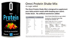 Close-up of Omni Protein Shake Mix label detailing ingredients and no artificial sweeteners.