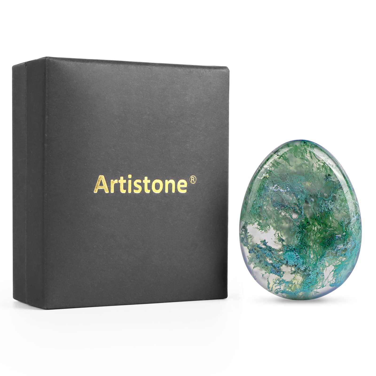 Artistone Moss Agate polished stone ideal for stress relief and mindful breathing.