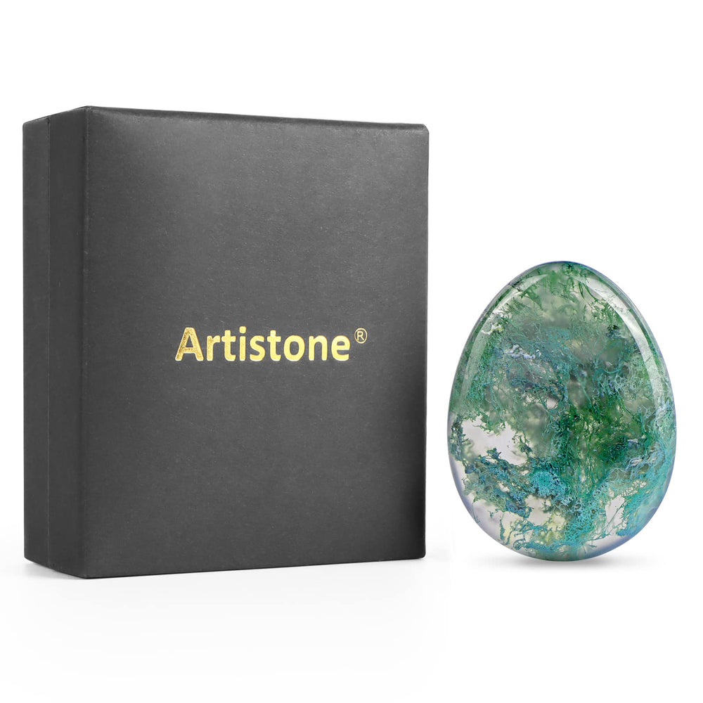 Artistone Moss Agate polished stone ideal for stress relief and mindful breathing.