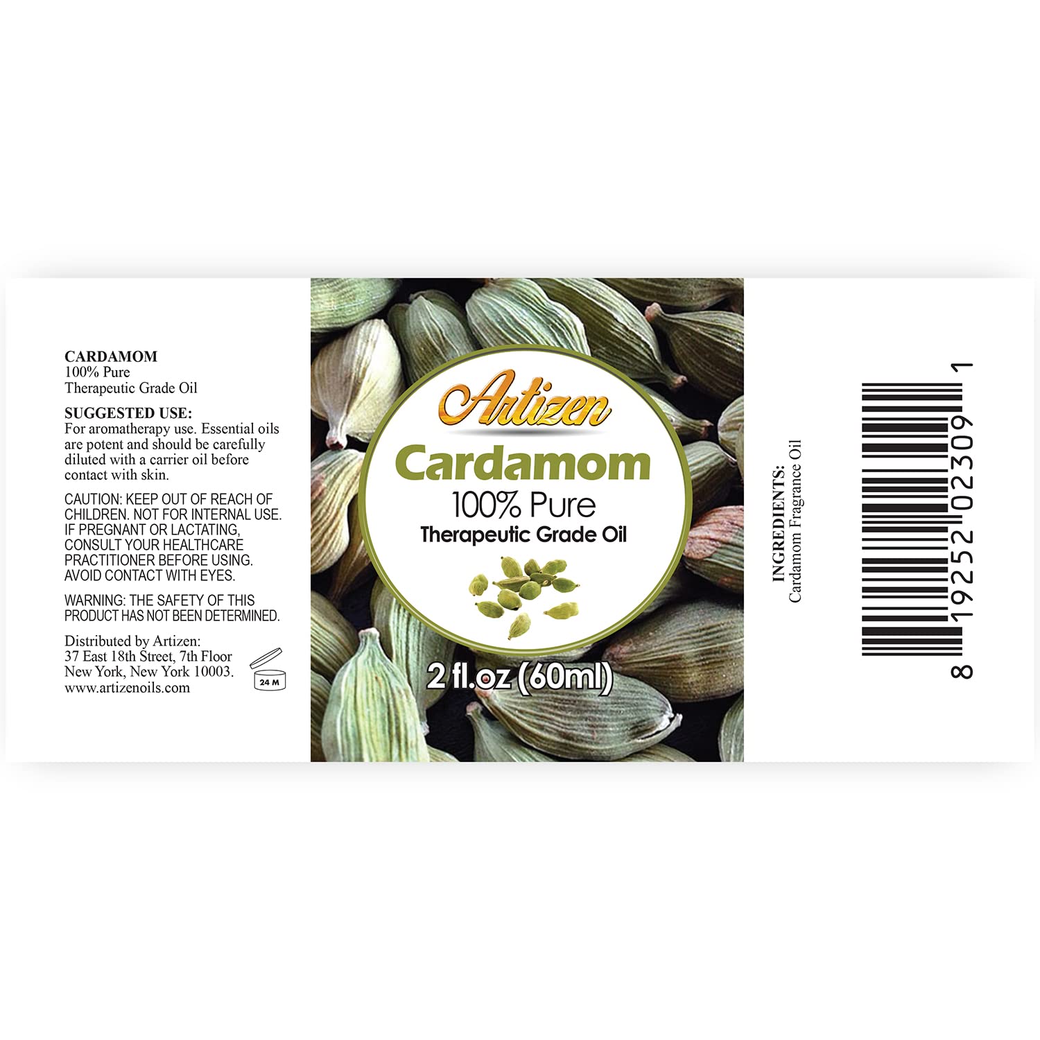 Artizen Cardamom Oil label closeup highlighting purity and quality.