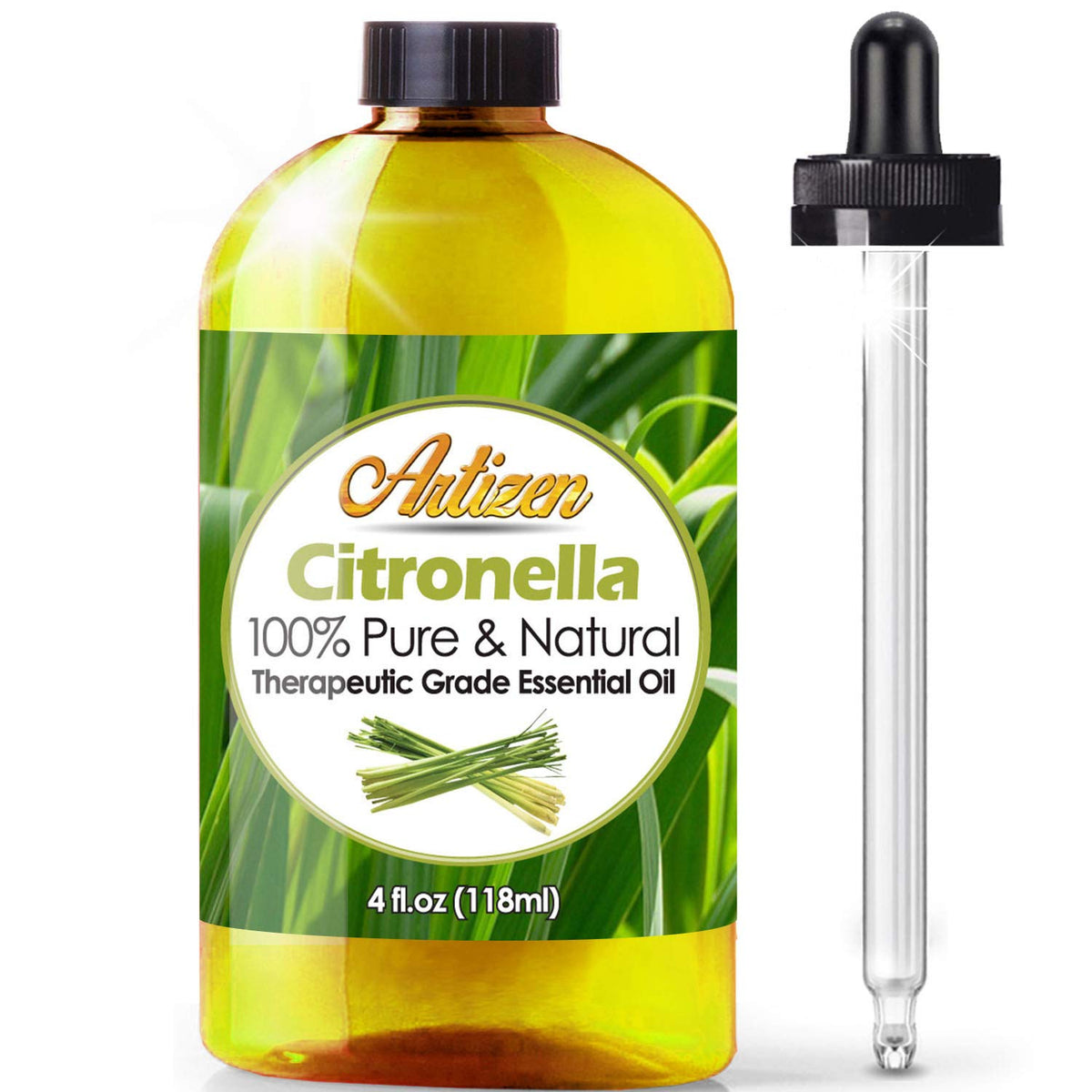 Artizen Citronella essential oil bottle front view showing pure formula for aromatherapy