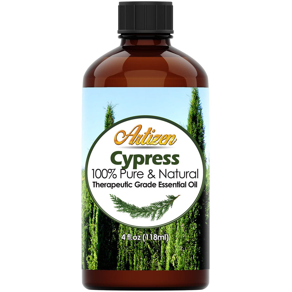 Artizen Cypress essential oil bottle front highlighting purity and premium aroma.