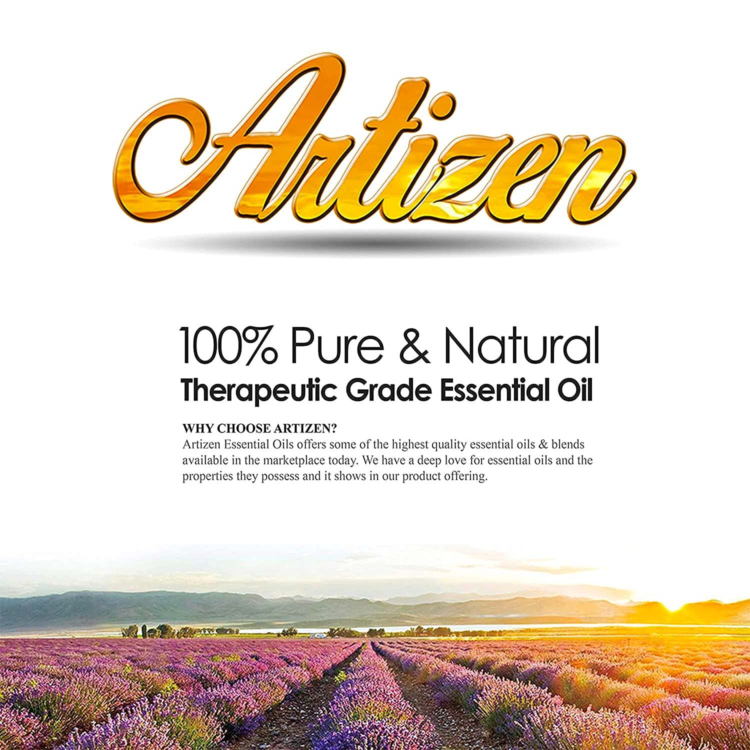 Artizen Cypress oil packaging display highlights product benefits and authenticity.